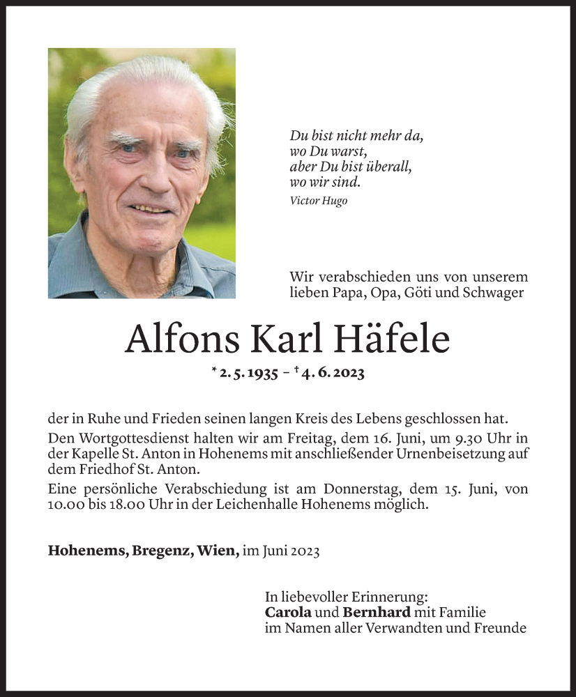 Todesanzeige Alfon Karl Häfele